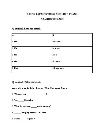 Bài tập ôn tập môn Tiếng Anh Lớp 5 - Tuần 3 - Năm học 2021-2022 - Trường Tiểu học Tân Long A (Có đáp án)