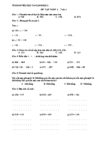 Bài tập ôn tập môn Toán Lớp 3 - Tuần 1+2 - Trường Tiểu học Tân Long Hội A