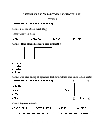 Bài tập ôn tập môn Toán Lớp 4 - Tuần 1 - Năm học 2021-2022 - Trường Tiểu học Tân Long A