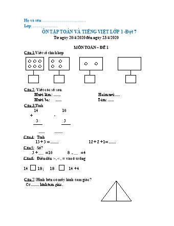 Bài tập ôn tập môn Toán và Tiếng Việt Lớp 1 - Đợt 7 - Năm học 2019-2020 - Trường Tiểu học Tân Long A