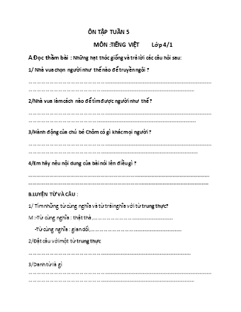 Bài tập ôn tập môn Toán+Tiếng Việt Lớp 4 - Tuần 5 - Trường Tiểu học Tân Long Hội A