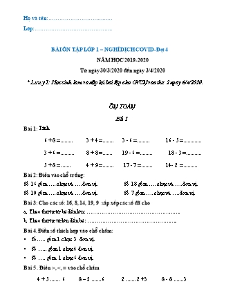 Bài tập ôn tập nghỉ dịch covid Đợt 4 môn Toán + Tiếng Việt Lớp 1 - Năm học 2019-2020 - Trường Tiểu học Tân Long A