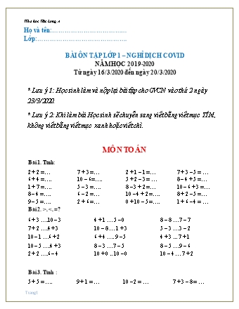 Bài tập ôn tập nghỉ dịch covid môn Toán + Tiếng Việt Lớp 1 - Năm học 2019-2020 - Tiểu học Tân Long A