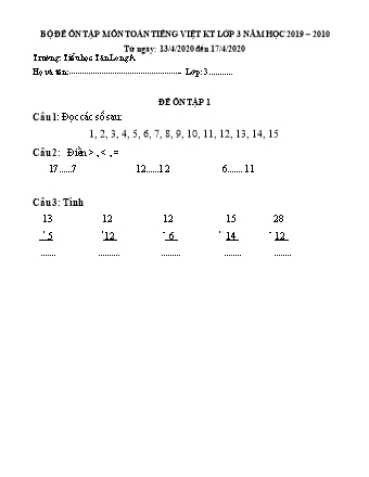 Bộ đề ôn tập môn Toán + Tiếng Việt Lớp 3 - Năm học 2019-2020 - Trường Tiểu học Tân Long A