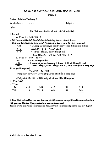 Đề cương ôn tập môn Toán Lớp 3 - Tuần 2 - Năm học 2021-2022 - Trường Tiểu học Tân Long A