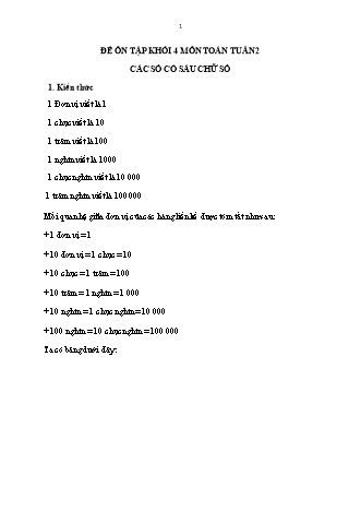 Đề cương ôn tập môn Toán Lớp 4 - Tuần 2 - Năm học 2021-2022 - Trường Tiểu học Tân Long A