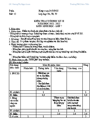 Đề kiểm tra cuối học kỳ II môn Sinh học Lớp 7 - Năm học 2021-2022 - Vương Thị Ngọc Loan (Có đáp án + ma trận)