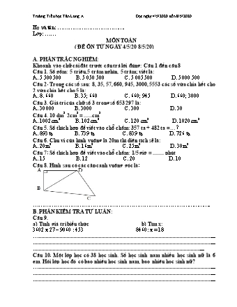 Đề ôn tập Khối 4 - Năm học 2019-2020 - Trường Tiểu học Tân Long A (Có đáp án)