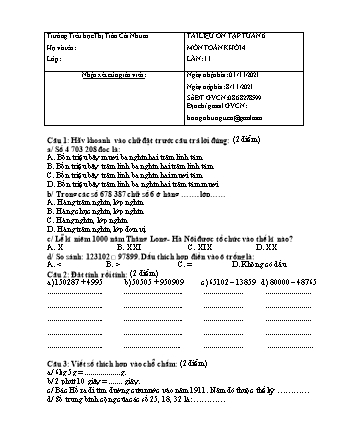 Đề ôn tập Lần 11+12 môn Toán Lớp 4 - Tuần 6 - Năm học 2021-2022 - Trường Tiểu học Thị Trấn Cái Nhum (Có đáp án)