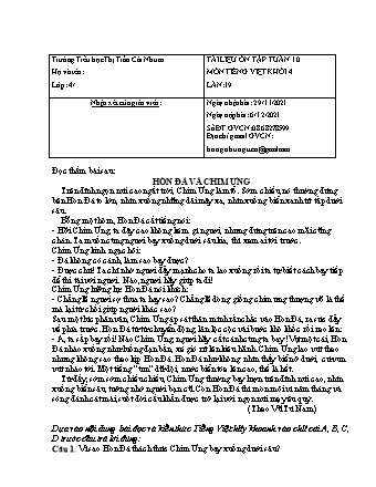 Đề ôn tập Lần 19+20 môn Tiếng Việt Lớp 4 - Tuần 10 - Năm học 2021-2022 - Trường Tiểu học Thị Trấn Cái Nhum (Có đáp án)