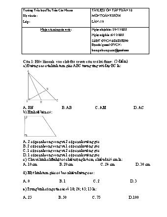 Đề ôn tập Lần 19+20 môn Toán Lớp 4 - Tuần 10 - Năm học 2021-2022 - Trường Tiểu học Thị Trấn Cái Nhum (Có đáp án)