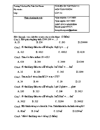 Đề ôn tập Lần 23+24 môn Toán Lớp 4 - Tuần 12 - Năm học 2021-2022 - Trường Tiểu học Thị Trấn Cái Nhum (Có đáp án)