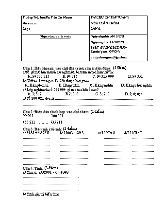 Đề ôn tập Lần 3+4 môn Toán Lớp 4 - Tuần 2 - Năm học 2021-2022 - Trường Tiểu học Thị Trấn Cái Nhum (Có đáp án)
