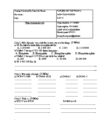 Đề ôn tập Lần 5+6 môn Toán Lớp 4 - Tuần 3 - Năm học 2021-2022 - Trường Tiểu học Thị Trấn Cái Nhum (Có đáp án)