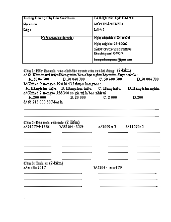 Đề ôn tập Lần 7+8 môn Toán Lớp 4 - Tuần 4 - Năm học 2021-2022 - Trường Tiểu học Thị Trấn Cái Nhum (Có đáp án)