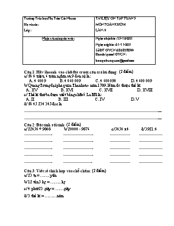 Đề ôn tập Lần 9+10 môn Toán Lớp 4 - Tuần 5 - Năm học 2021-2022 - Trường Tiểu học Thị Trấn Cái Nhum (Có đáp án)