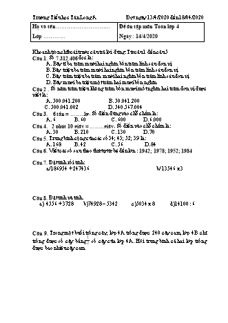 Đề ôn tập Lớp 4 - Năm học 2019-2020 - Trường Tiểu học Tân Long A (Có đáp án)