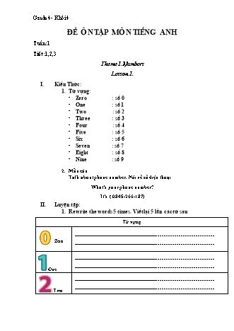 Đề ôn tập môn Tiếng Anh Lớp 4 - Tuần 1 to 3 - Trường Tiểu học Tân Long A