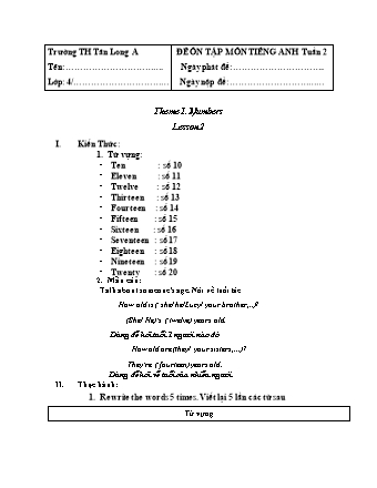 Đề ôn tập môn Tiếng Anh Lớp 4 - Tuần 2 - Trường Tiểu học Tân Long A
