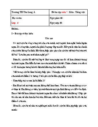 Đề ôn tập môn Tiếng Việt Lớp 4 - Tuần 7 - Năm học 2019-2020 - Trường Tiểu học Tân Long A