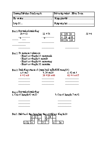 Đề ôn tập môn Toán Lớp 2 - Tuần 4 - Trường Tiểu học Tân Long A (Có đáp án)