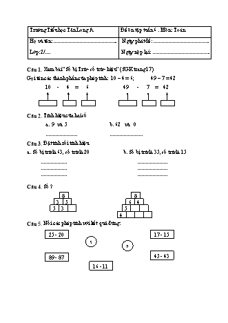 Đề ôn tập môn Toán Lớp 2 - Tuần 6 - Trường Tiểu học Tân Long A (Có đáp án)