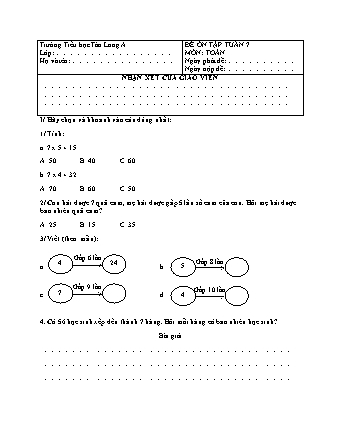 Đề ôn tập môn Toán Lớp 3 - Tuần 7 - Năm học 2019-2020 - Trường Tiểu học Tân Long A