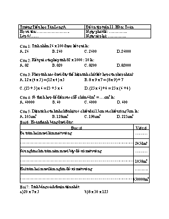 Đề ôn tập môn Toán Lớp 4 - Tuần 11 - Trường Tiểu học Tân Long A