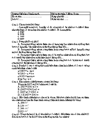 Đề ôn tập môn Toán Lớp 4 - Tuần 7 - Năm học 2019-2020 - Trường Tiểu học Tân Long A