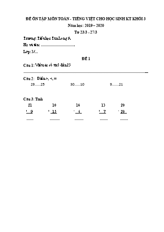 Đề ôn tập môn Toán + Tiếng Việt cho học sinh khuyết tật Lớp 3 - Đề 1+2 - Năm học 2019-2020 - Trường Tiểu học Tân Long A