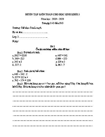 Đề ôn tập môn Toán + Tiếng Việt cho học sinh Lớp 3 - Năm học 2019-2020 - Tiểu học Tân Long A