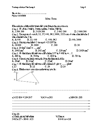 Đề ôn tập môn Toán + Tiếng Việt Khối 4 - Năm học 2019-2020 - Trường Tiểu học Tân Long A