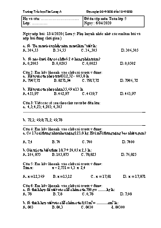 Đề ôn tập môn Toán + Tiếng Việt Khối 5 - Năm học 2019-2020 - Trường Tiểu học Tân Long A (Có đáp án)