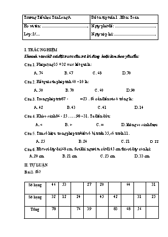Đề ôn tập môn Toán + Tiếng Việt Lớp 2 - Tuần 1 - Trường Tiểu học Tân Long A