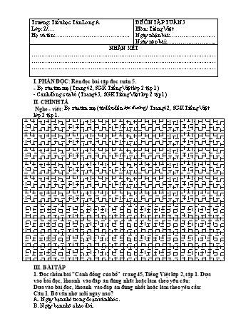 Đề ôn tập môn Toán + Tiếng Việt Lớp 2 - Tuần 5 - Trường Tiểu học Tân Long A