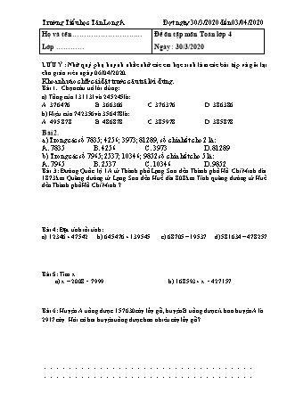 Đề ôn tập môn Toán + Tiếng Việt Lớp 4 - Năm học 2019-2020 - Trường Tiểu học Tân Long A