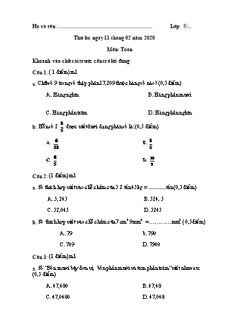 Đề ôn tập môn Toán + Tiếng Việt Lớp 5 - Năm học 2019-2020 - Tiểu học Tân Long A