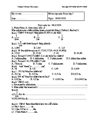 Đề ôn tập môn Toán + Tiếng Việt Lớp 5 - Năm học 2019-2020 - Trường Tiểu học Tân Long A