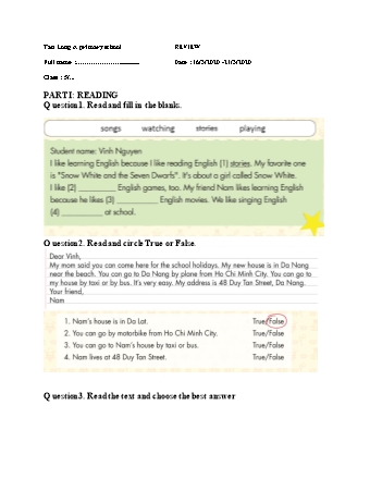 Đề ôn tập tháng 3 môn Tiếng Anh Lớp 5 - Review - Năm học 2019-2020 - Tiểu học Tân Long A (Có đáp án)