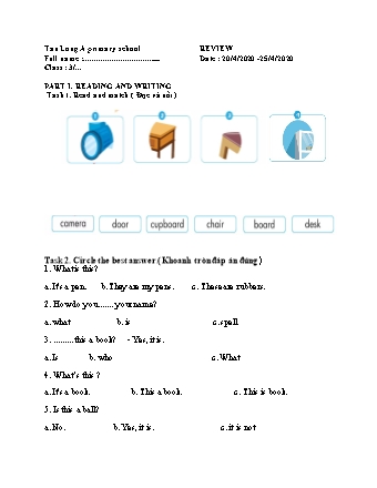 Đề ôn tập tháng 4 môn Tiếng Anh Lớp 3 - Review - Năm học 2019-2020 - Tiểu học Tân Long A (Có đáp án)