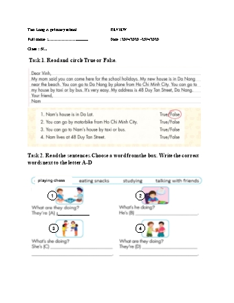 Đề ôn tập tháng 4 môn Tiếng Anh Lớp 5 - Review - Năm học 2019-2020 - Tiểu học Tân Long A (Có đáp án)