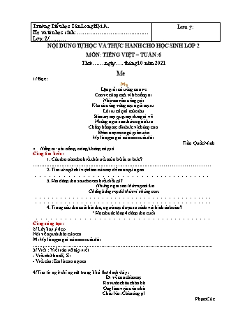 Đề ôn tập tự học và thực hành cho học sinh môn Tiếng Việt Lớp 2 (Sách Chân trời sáng tạo) - Tuần 6 - Năm học 2021-2022 - Trường Tiểu học Tân Long Hội A