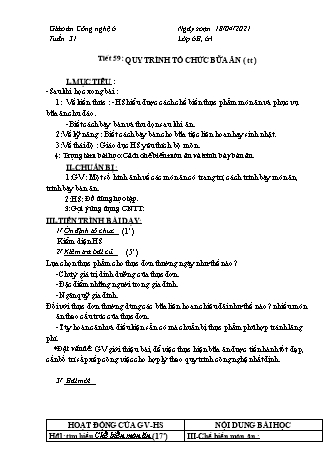 Giáo án Công nghệ Lớp 6 - Tiết 59+60 - Năm học 2020-2021 - Thái Quý