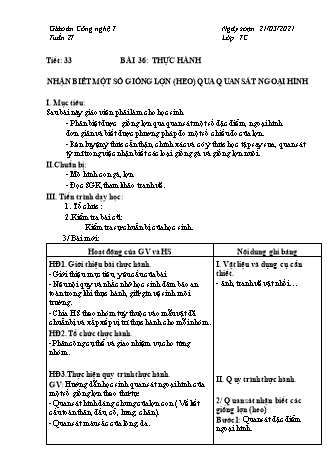 Giáo án Công nghệ Lớp 7 - Tiết 33, Bài 36: Thực hành Nhận biết một số giống lợn (Heo) qua quan sát ngoại hình - Năm học 2020-2021 - Thái Quý Giáo án Công nghệ Lớp 7 - Tiết 33, Bài 36: Thực hành Nhận biết một số giống lợn (Heo) qua quan sát ngoại hình - Năm học 2020-2021 - Thái Quý