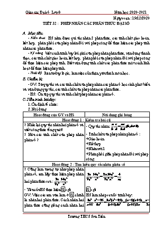 Giáo án Đại số Lớp 8 - Tiết 32: Phép nhân các phân thức đại số - Năm học 2020-2021 - Trường THCS Sơn Tiến