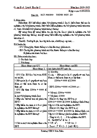 Giáo án Đại số Lớp 8 - Tiết 59+60 - Năm học 2020-2021 - Trường THCS Sơn Tiến Giáo án Đại số Lớp 8 - Tiết 59+60 - Năm học 2020-2021 - Trường THCS Sơn Tiến
