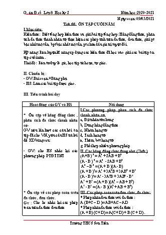 Giáo án Đại số Lớp 8 - Tiết 66 đến 69 - Năm học 2020-2021 - Trường THCS Sơn Tiến Giáo án Đại số Lớp 8 - Tiết 66 đến 69 - Năm học 2020-2021 - Trường THCS Sơn Tiến