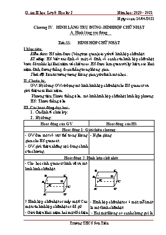 Giáo án Hình học Lớp 8 - Tiết 55+56: Hình hộp chữ nhật - Năm học 2020-2021 - Trường THCS Sơn Tiến