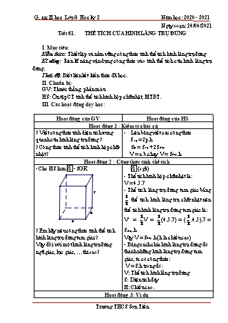 Giáo án Hình học Lớp 8 - Tiết 61 đến 63 - Năm học 2020-2021 - Trường THCS Sơn Tiến
