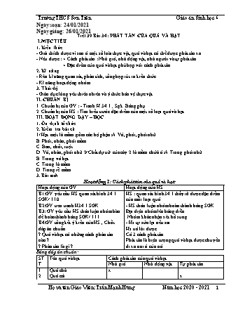 Giáo án Sinh học Lớp 6 - Bài 34+35: Phát tán của quả và hạt - Những điều kiện cần cho hạt nảy mầm - Năm học 2020-2021 - Trần Mạnh Hùng